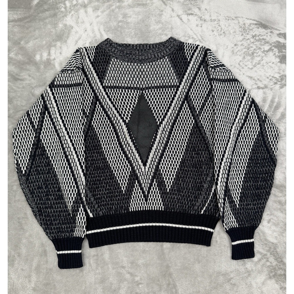 Vintage 90s RAF Knit Pullover Sweater Mens Small Black Leather Geometric Grandpa